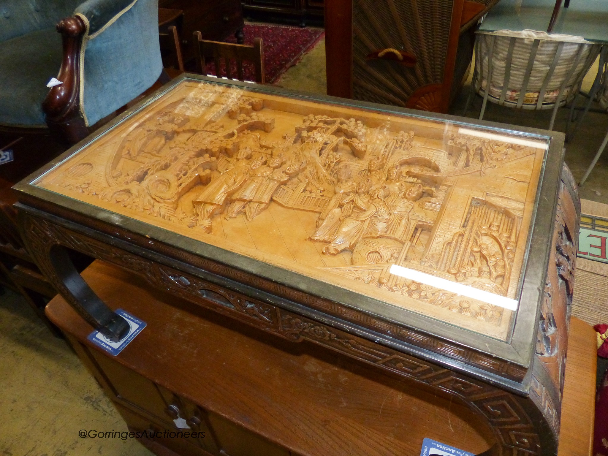 A Chinese rectangular relief carved hardwood low coffee table. W-91, D-46, H-41cm.